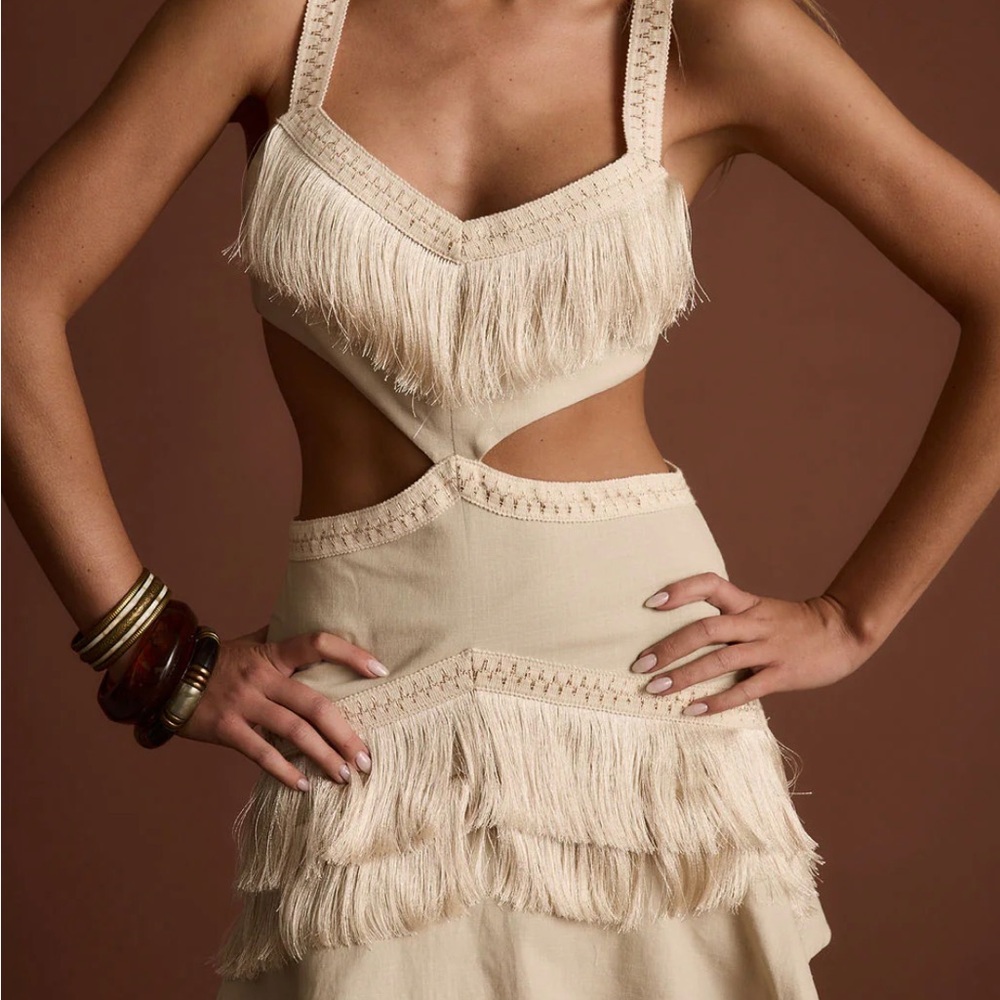 12th Tribe Cream Textured Fringe Dress